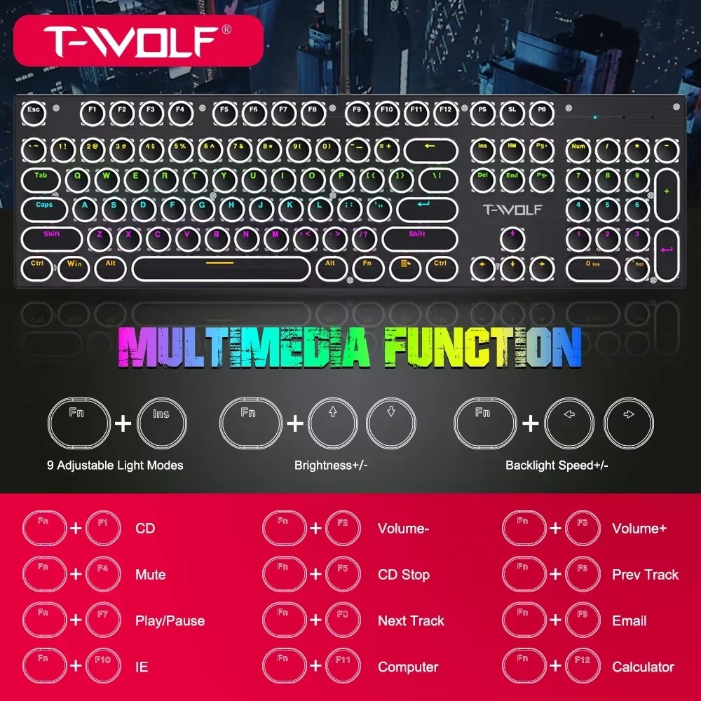 T-WOLF T75 104 Keys Adjustable RGB Light Computer Game Wired Mechanical Keyboard T-WOLF T75 104 Keys Adjustable RGB Light Computer Game Wired Mechanical Keyboard